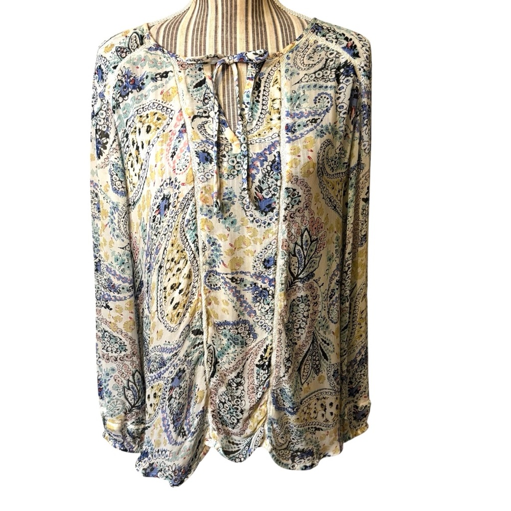 Lucky Brand Blouse Large Cream Paisley Blue Yellow Long Sleeves Keyhole Ties